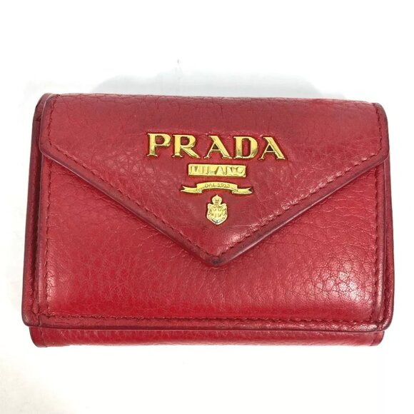 PRADA 1MH021 logo CompactWallet Trifold wallet Leather Red/Gold - Picture 1 of 13